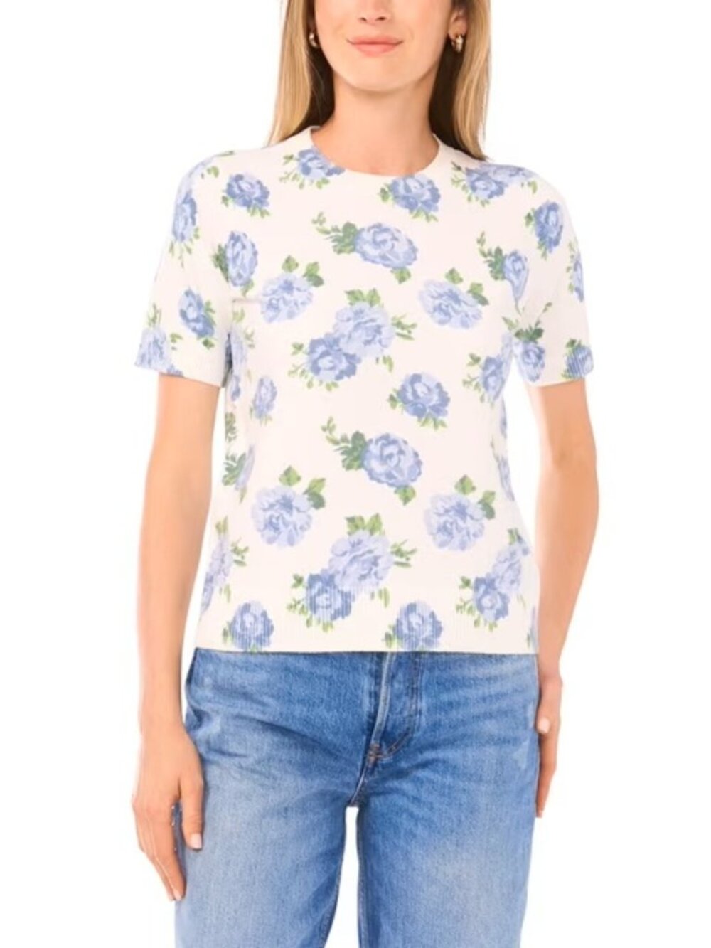 NWT $69 VINCE CAMUTO Ivory Blue Floral Short Sleeve Sweater – Small